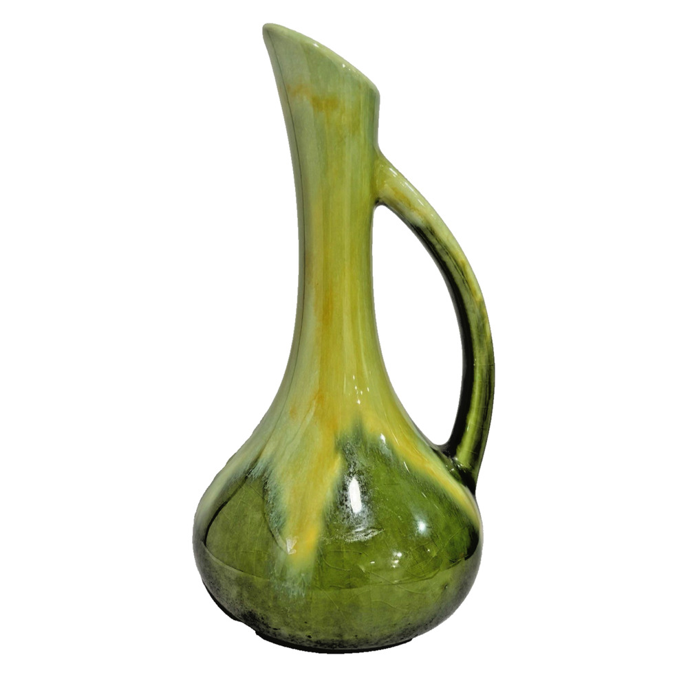 Vintage Haegar Pottery Vase Jug Ewer Handle Mid Century Green Agate Yellow Drip